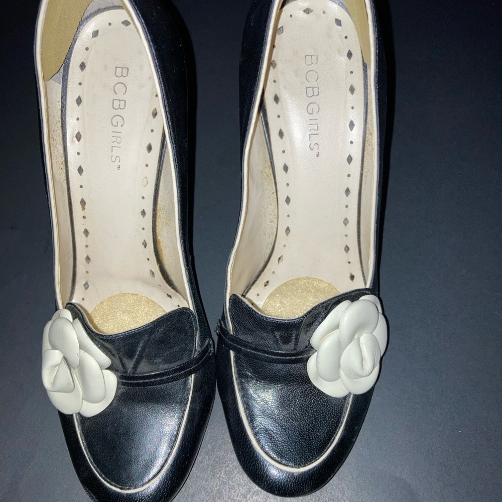 BCBGirls Black and White Floral Accent Heels